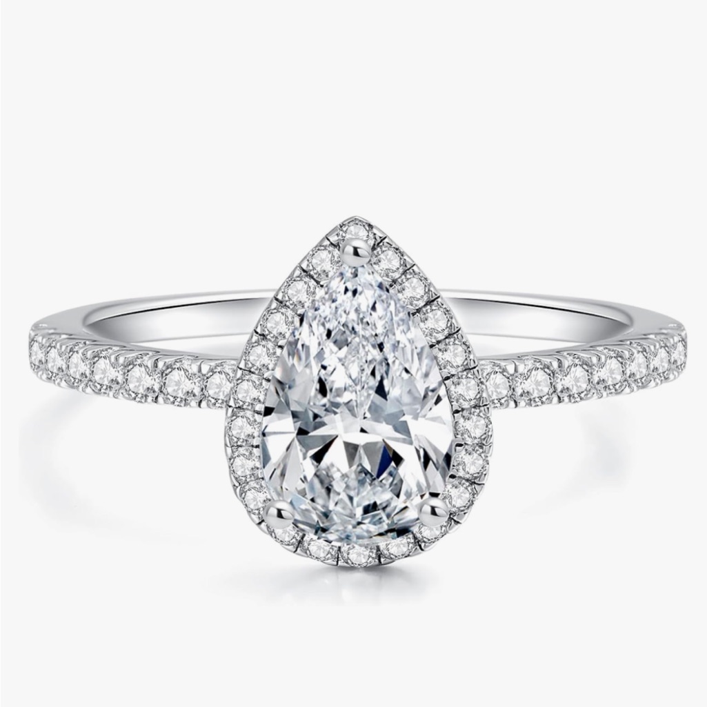 18k White Gold Pear Diamond Halo Engagement Ring ~ Moissanite Wedding Bridal
